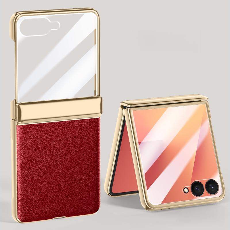 Electroplated Skin Friendly Leather Phone Case for Samsung Galaxy Z Flip 7 6 5 Tempered Film Shockproof Plating Fold Hinge Cover