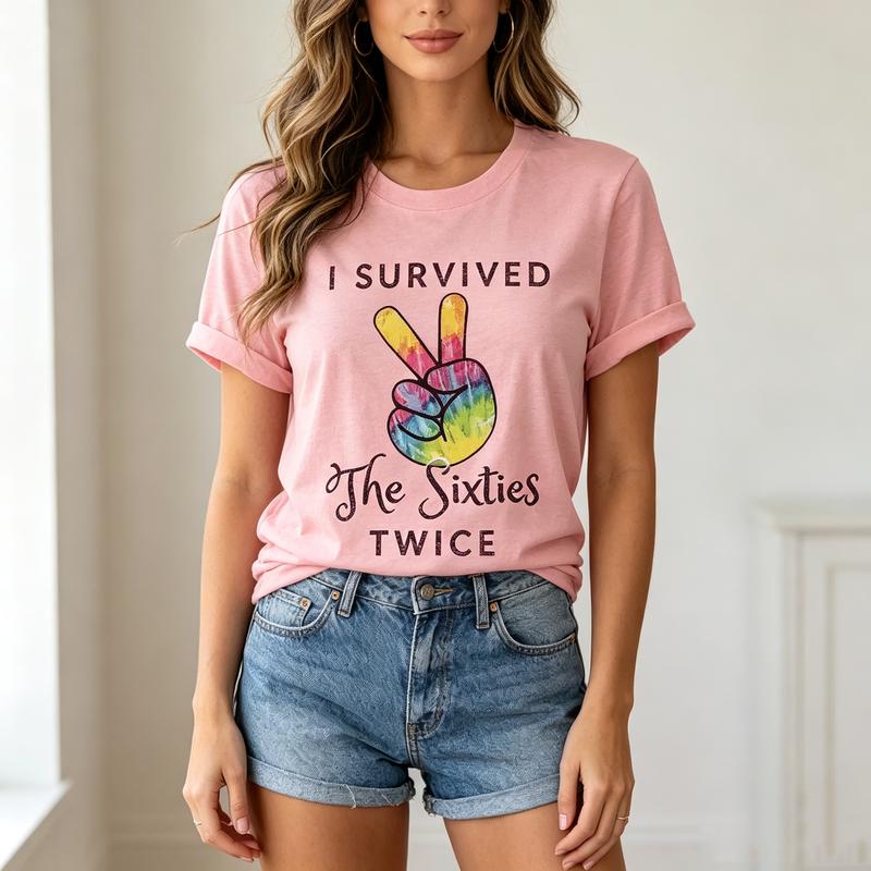 Retro Sixties Peace Tee I Survived The Sixties Twice Print Unisexs Cotton Short Sleeve Casual Gift Oversized T Shirt Y2k Top
