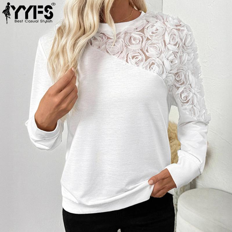 

Жіночі модні повсякденні весняно-осінь однотонні блузки та сорочки з довгим рукавом і круглим вирізом із принтом YYFS XL білий