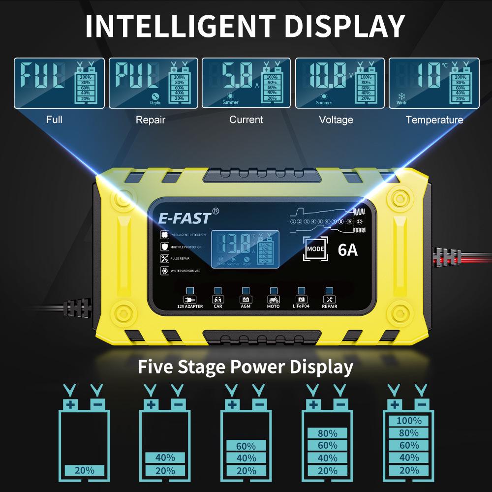 12V 6A Smart Battery Charger, Ten-Stage, Auto-Stop for Lead-Acid & LiFePO4 Batteries