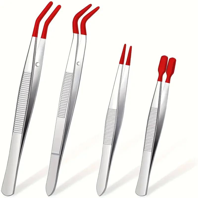1 4 Pcs Eyelash Tweezers Rubber Tips Non Marring Flat Bent Tip Eyelash Extension Tweezers For Professional Use