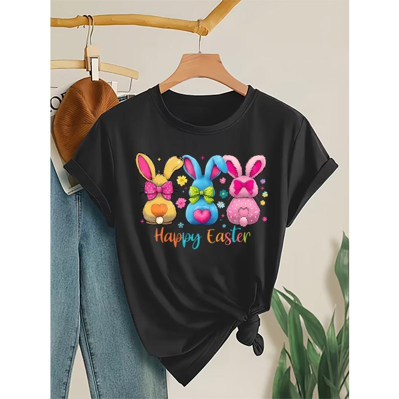 

European Size Women s Easter Bunny & Happy Easter Print Short Sleeve T-Shirt - Soft Breathable Round Neck Casual Blouse with Rabbit & Egg Patterns 4XL чорний