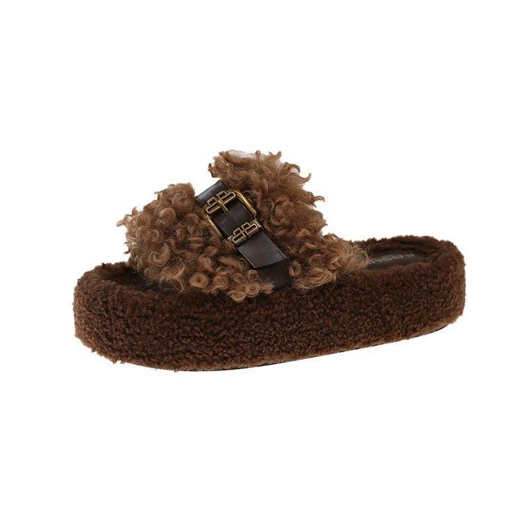 Thick-bottomed Fluffy Slippers Women's Outer Wear 2025 Autumn and Winter New Fashion Home Fluffy Muffin Warm Cotton Slippers