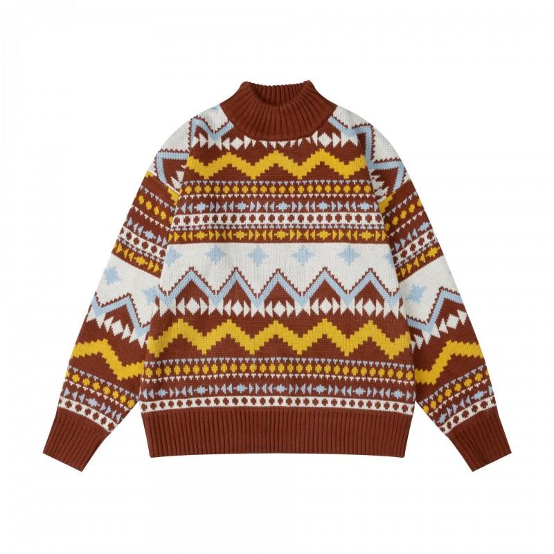 Vintage-Inspired Crew Neck Knit Sweater With Jacquard Unisex Loose Fit Casual Winter Top