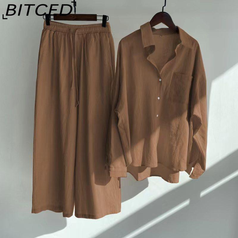 BITCED Women's 2-piece Vintage Plus-size Cotton and Linen Shirt Set High-waisted Loose Trousers