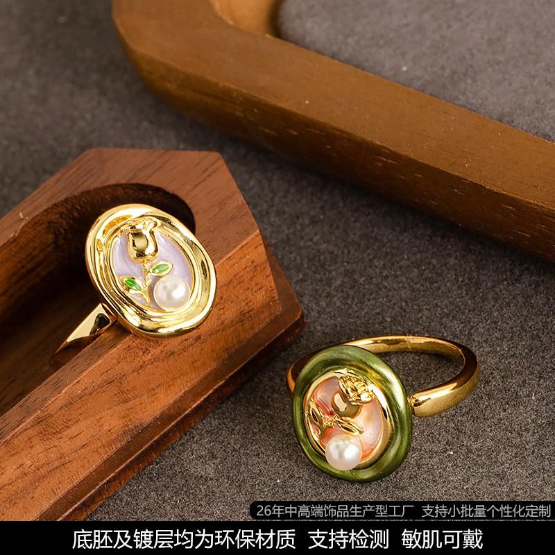 Adjustable Open Ring With Pearl Floral Motif Vintage Oil Painting Style Copper Jewelry Men Women