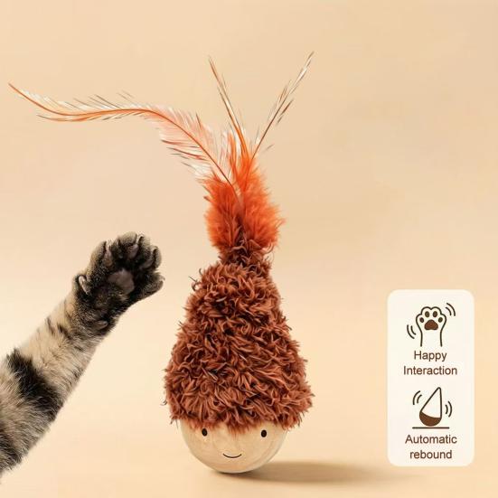Wobbling Cat Toy Wooden Base Cat Teaser with Feathers Interactive Wobble Cat Kicker Toy for Cat Patting Solo Entertainment