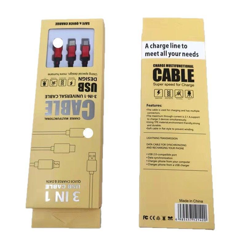 Nylon-Braided 3-in-1 Fast Charging Cable (2A) with Multiple Heads for Mobile Phones