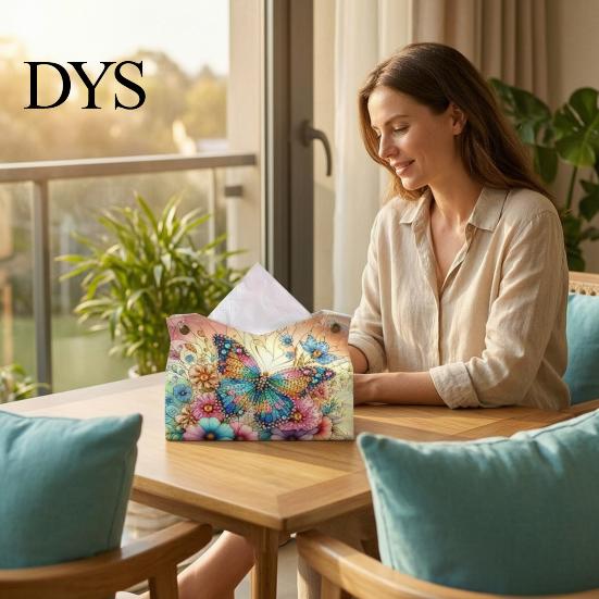 Holiday Gift for Craft Lovers DIY Faux Diamond Art Painting Tissue Box, Leather Desktop Creative Gifts Children Holder Pouch, 5D Rhinestone Embroidery