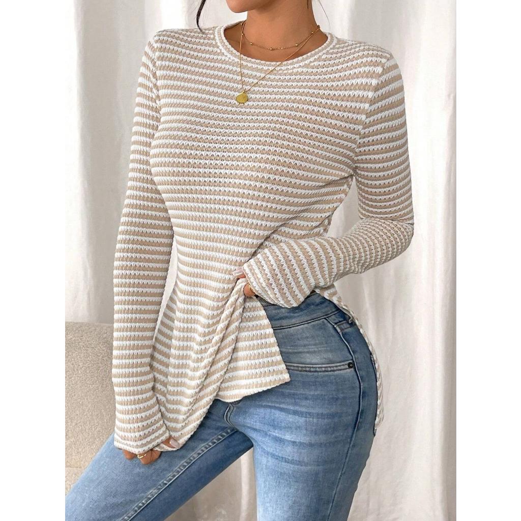 Nowa, swobodna, damska koszula z okrągłym dekoltem i długim rękawem, uniwersalny top z rozcięciem, seksowny T-shirt