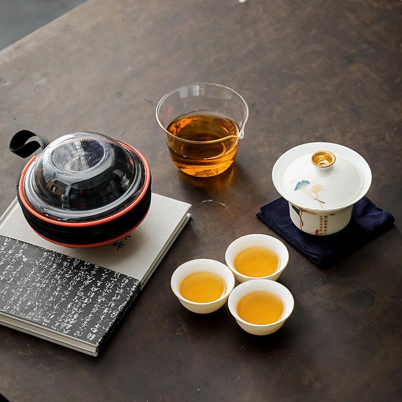 Ceramic travel tea set, one pot, three cups of Kuaike cup, outdoor round road car portable camping Kung Fu tea set