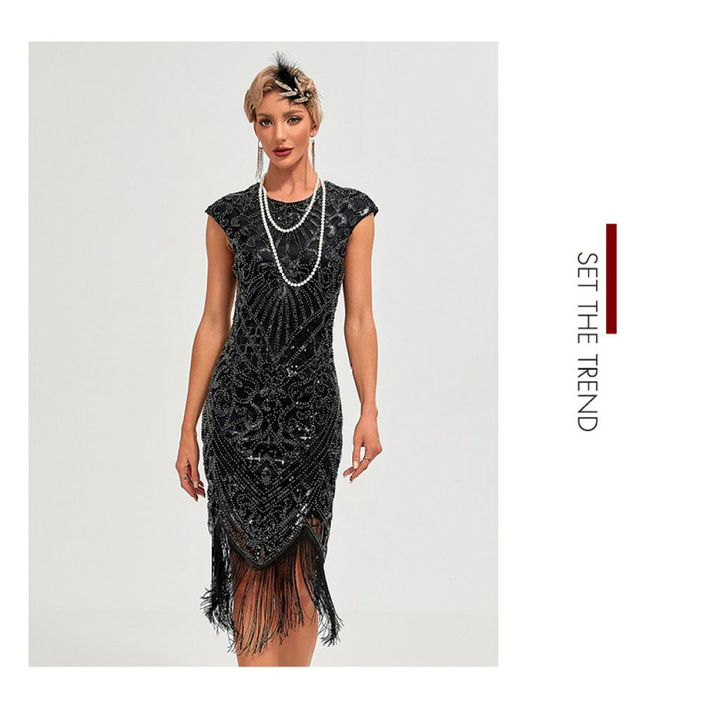 1920S Retro Ball Embroidered Fringed Dress Cocktail Party Large Size Sequined Beaded Mesh Dress