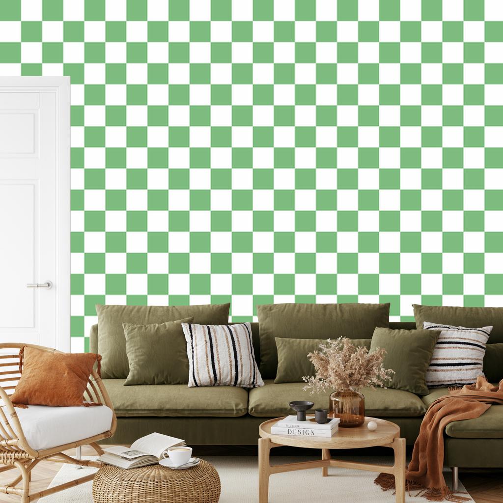 Checkerboard Wallpaper White, Green and Mint for Living Room and Bedroom 50x1000