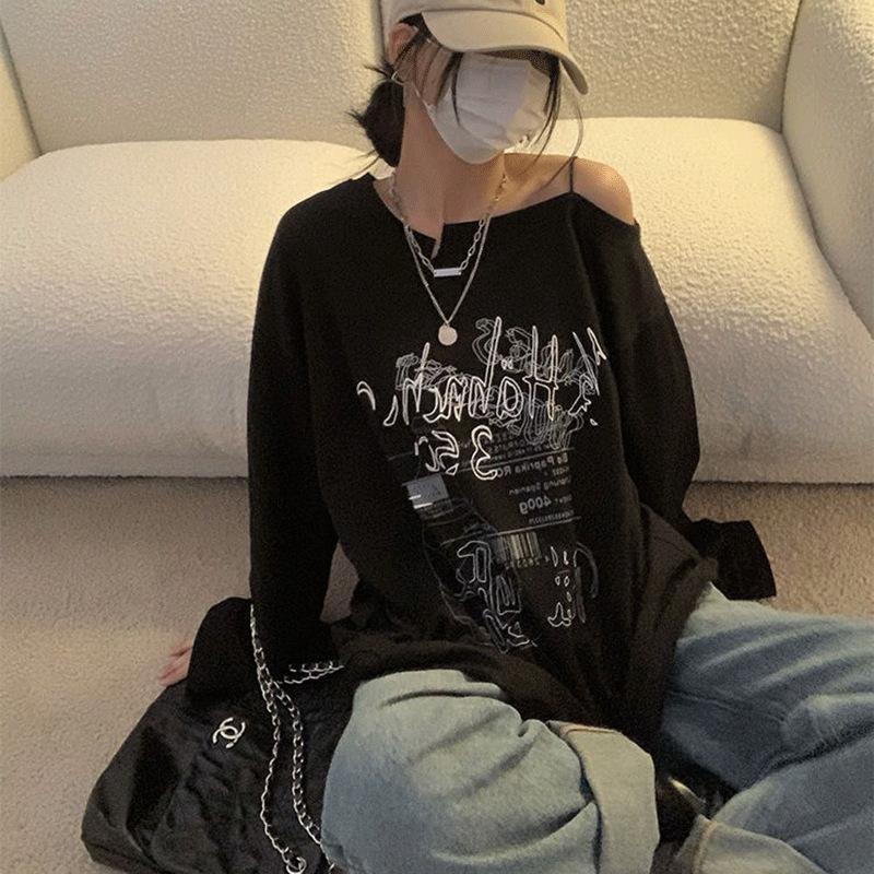 2025 New Retro Letter Printed Top Spring Summer Solid Color Strapless Long Sleeve T-Shirt Loose Top