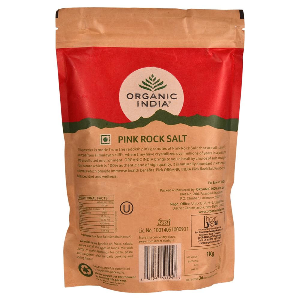 Organic India Pink Rock Salt 1 Kg Pouch Natural Mineral-Rich Himalayan Salt for Everyday Cooking Seasoning and Baking