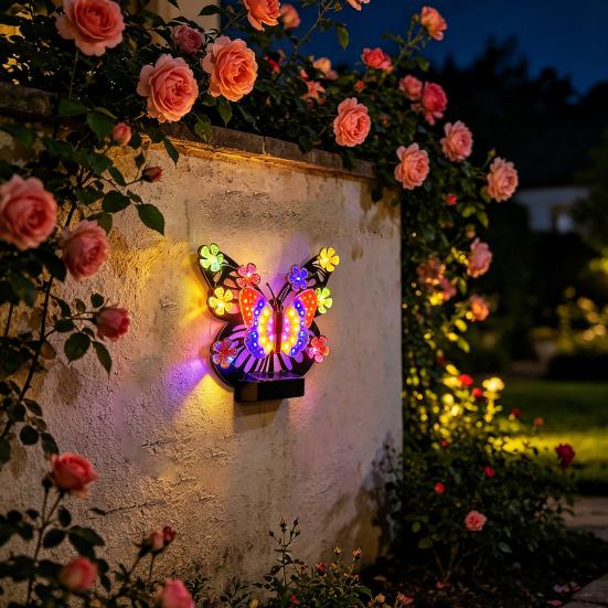 Solar Light, Butterfly Design Outdoor Wall Decor, Garden Art Soft Glowing Solar Light, Hand-Painted UV Coated Solar Light for Yard Patio Party