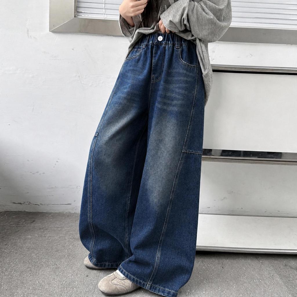 Girls' Autumn 2026 Wide Leg Jeans: Trendy Loose Fit Straight Banana Pants for Medium and Large Children