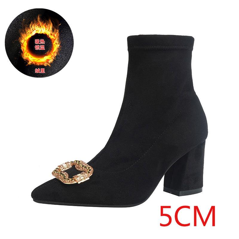 Pointed suede autumn and winter new fashion high-heeled short boots women's rhinestone square buckle low tube fashion boots solid color thin boots