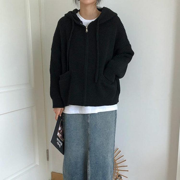 Loose Knitted Hooded Sweater Cardigan Coat Solid Color Womens Top