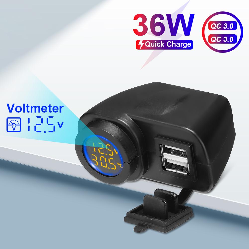 Extractme 36W Dual QC3.0 Motorcycle USB Charger Fast Charging Voltmeter Thermometer Digital Display Mobile Phone Charger Socket