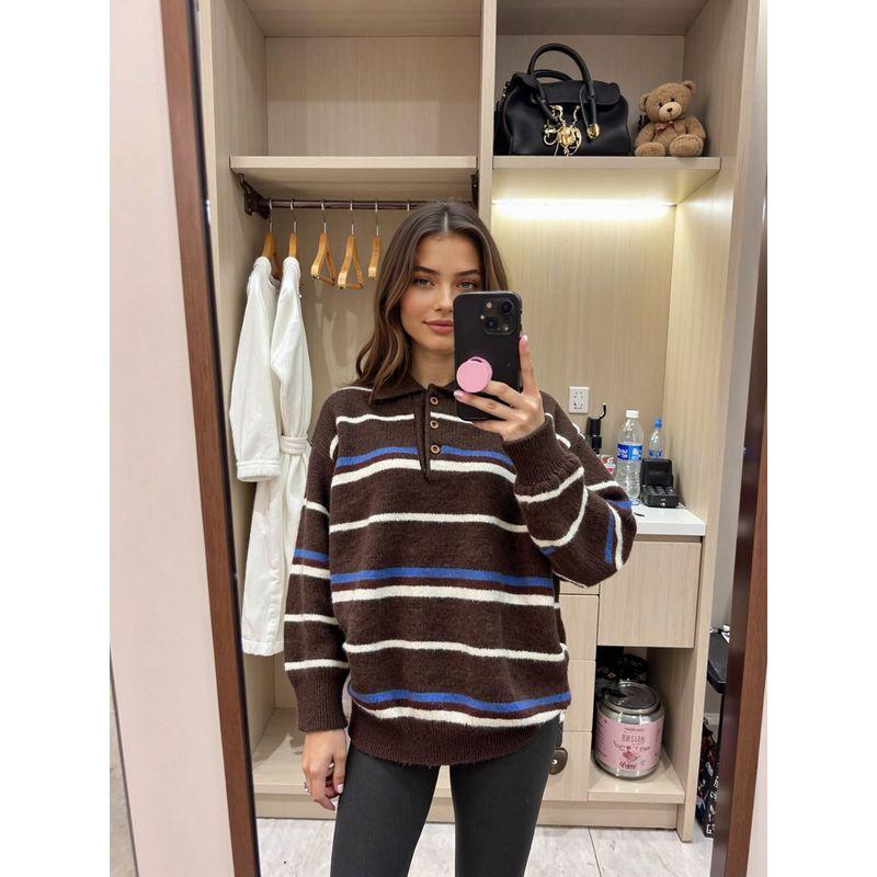 Texture College Comes with Atmosphere Stripes Polo Shirt American Retro Lazy Contrast Color Loose Pullover Knitwear