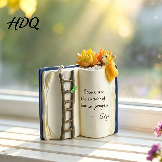 Niche Design Desktop Decor Book Shaped Flower Pot Creative Planter with Ladder Puppy And Bird for Unique Desk Ornament Succulents & Small Plants,