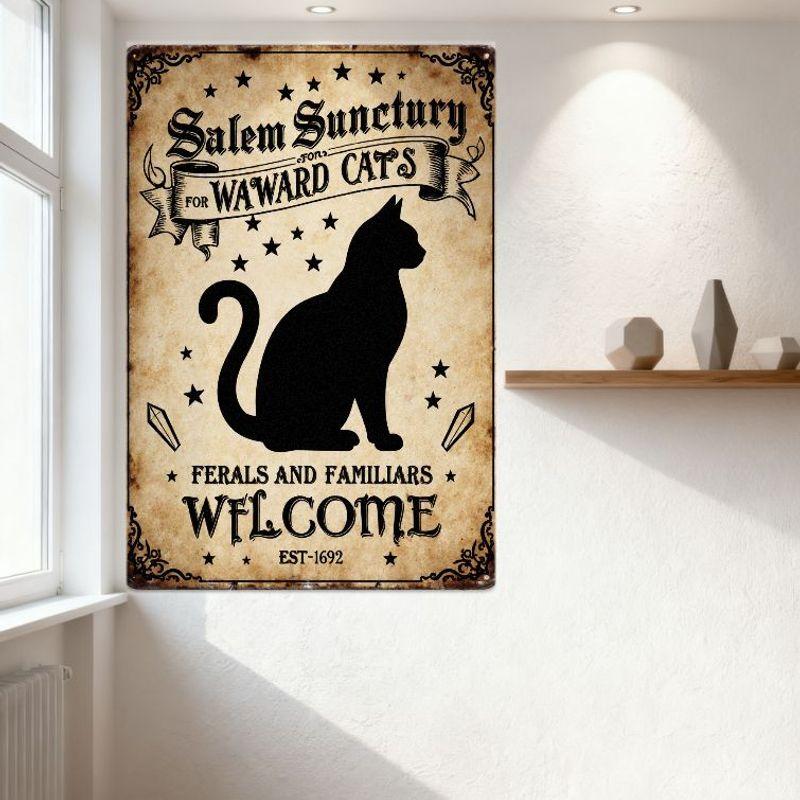 Vintage Salem Sanctuary for WARD CATS Metal Tin Sign, Feral & Familiar Cats Welcome, EST-1692 Witchy Decor, Black Border Cat Sil
