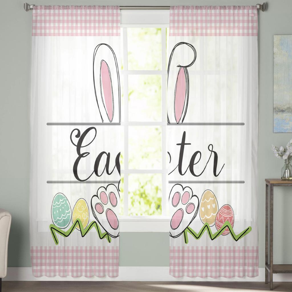 Easter Bunny Ears Egg Plaid Tulle Curtains For Living Room Home Decor Window Curtain Kitchen Sheer Voile Curtain