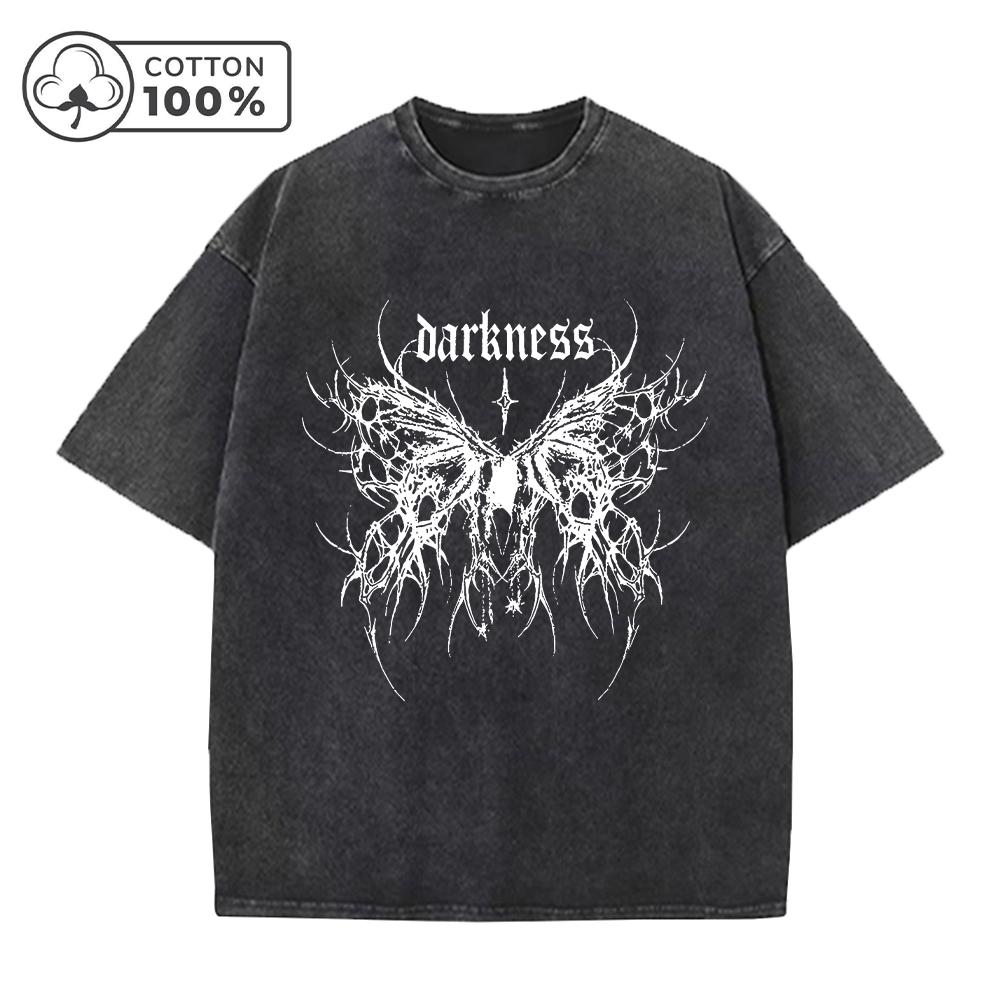 Camiseta Informal Lavada para Hombre con Estampado de Mariposas Góticas Verano Corte Holgado Algodón Puro Cuello Redondo Manga Corta Estilo Retro Urbano