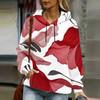 Women Plus Size Long Sleeve Pink White Printed Drawstring Hoodie Kangaroo Pocket Pullover