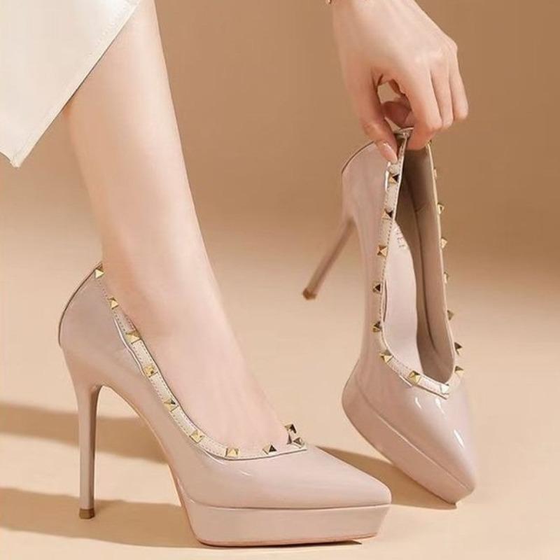

Temperament Platform Shallow Mouth High Heel Single Shoes for Women Sexy Leopard Print Rivet Pointed Toe Slippers 40