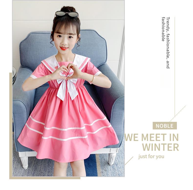 Girls' Summer Navy Collar Princess Dress – Korean Style for Medium and Large Children