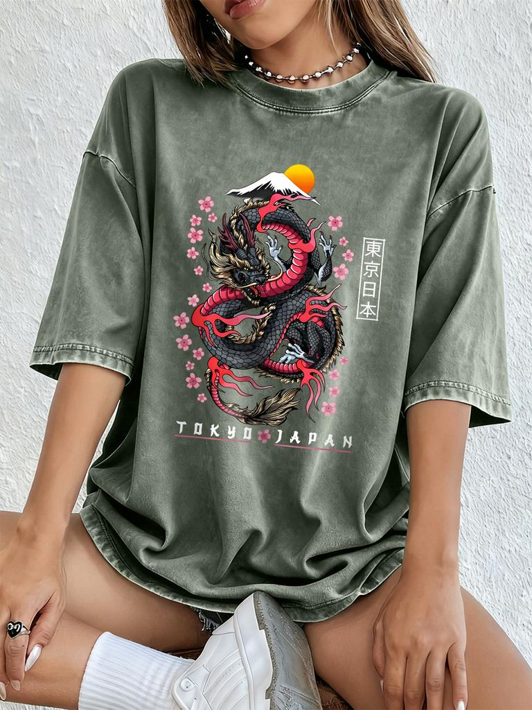 Tokyo Japan Dragon Cotton Washed TShirts Womens Summer Oversized Tops ONeck Comfortable Short Sleeve T Shirt Basic Clothes