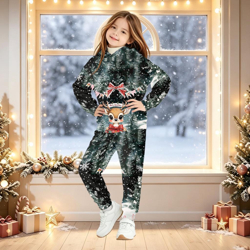 Kids Christmas Print Hoodie Set - Children's Hooded Pullover Top for Boys and Girls