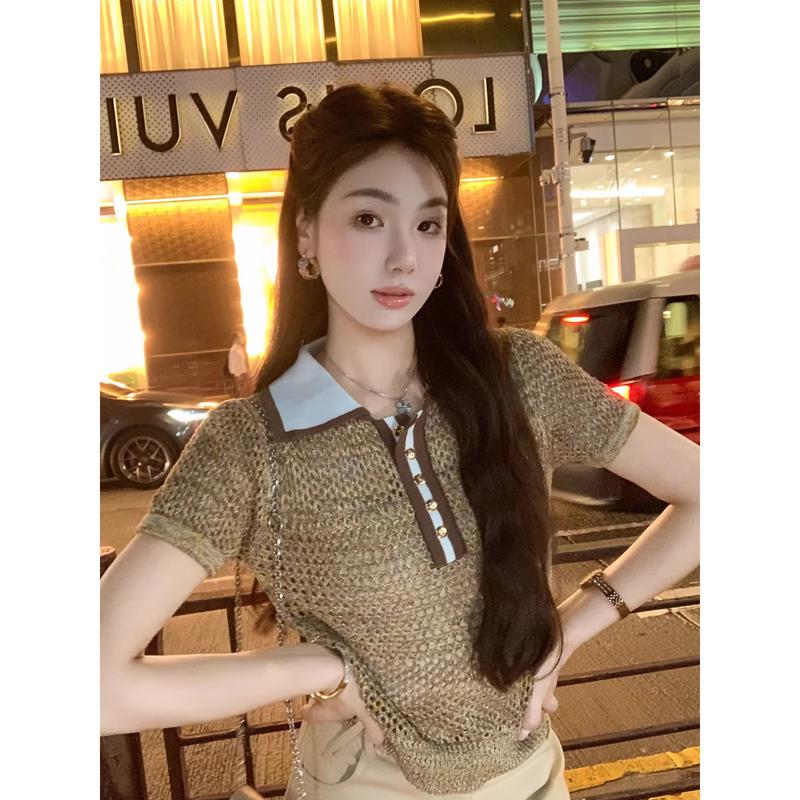 Women s Hollow-out Knitted Polo Neck Top L
