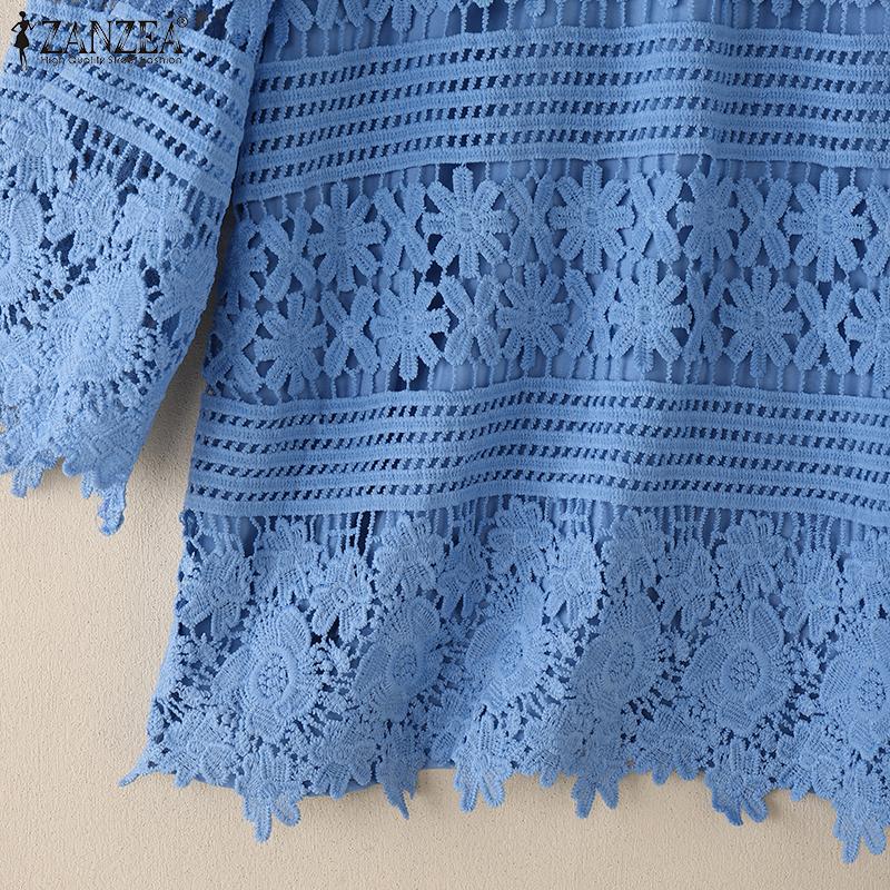 ZANZEA Womens Summer Casual 3/4 Sleeve Patchwork Embroidered Lace Blouse