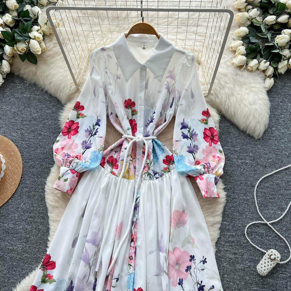 French retro fashion positioning printed dress women's autumn straps waist and thin temperament single-breasted long skirt