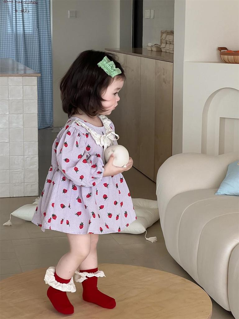 Korean Style Lace Romper Dress for Girls - Autumn Strawberry Princess Dress