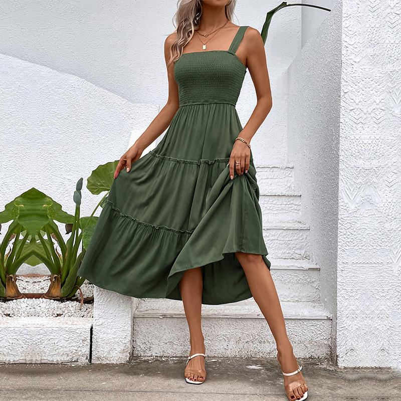 Summer Women Solid Color Strap Dress Sexy Long Ruffled