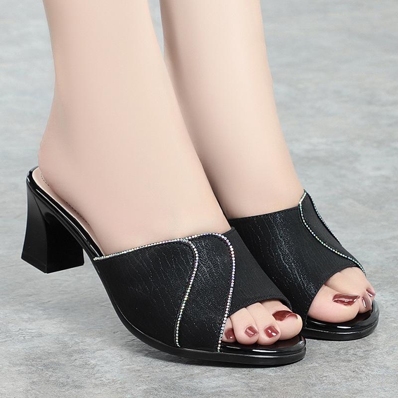 

Обувь для женщин Тапочки 2024 Лето Женские туфли-лодочки Повседневные туфли на высоком каблуке Однотонные женские тапочки С круглым носком Шлепанцы для улицы 36(Foot23cm)