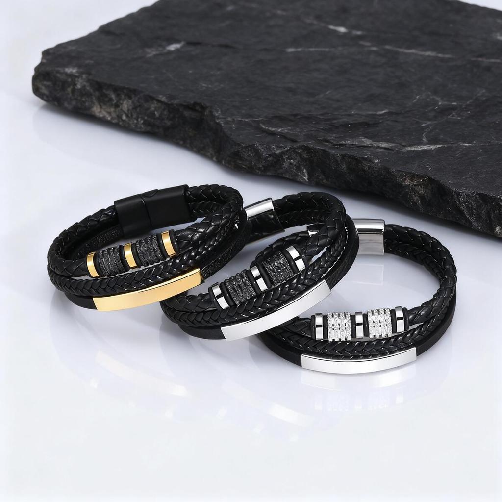 Custom Multi Layers Leather Bracelet for Men,Classic Metal Tube Handmade Braided Wristband,Gift for Husband Father Boyfriend