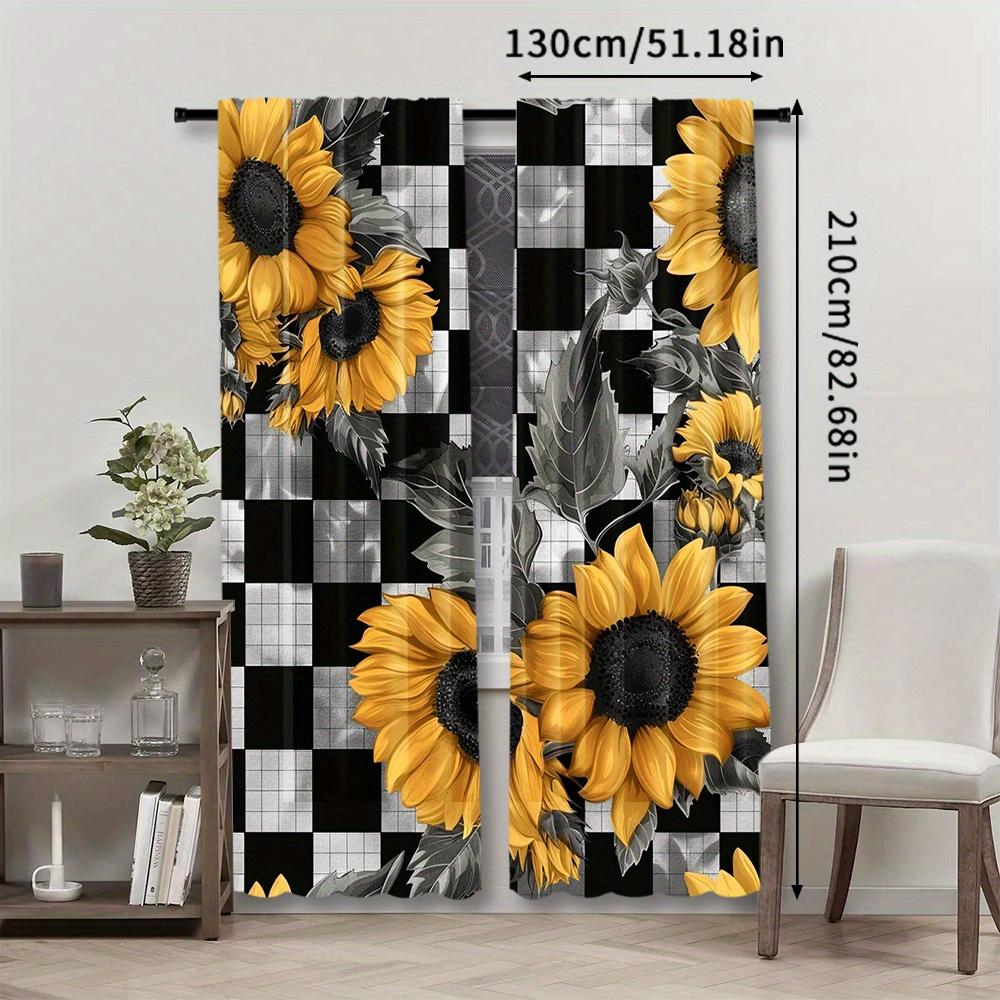 2pcs   Black And White Checkerboard Sunflower Printed Curtains   Curtains Rod Pocket Window Treatment for Bedroom Living Room Kitc