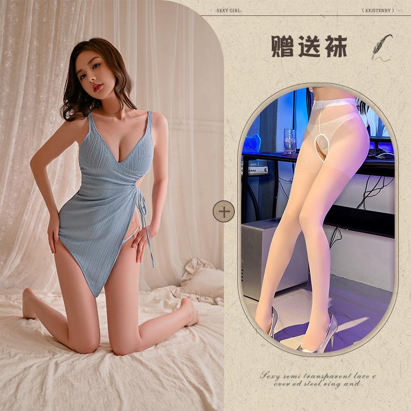 Deep V French sexy pajamas waist drawstring high slit hip wrap thin exposed suspender skirt free