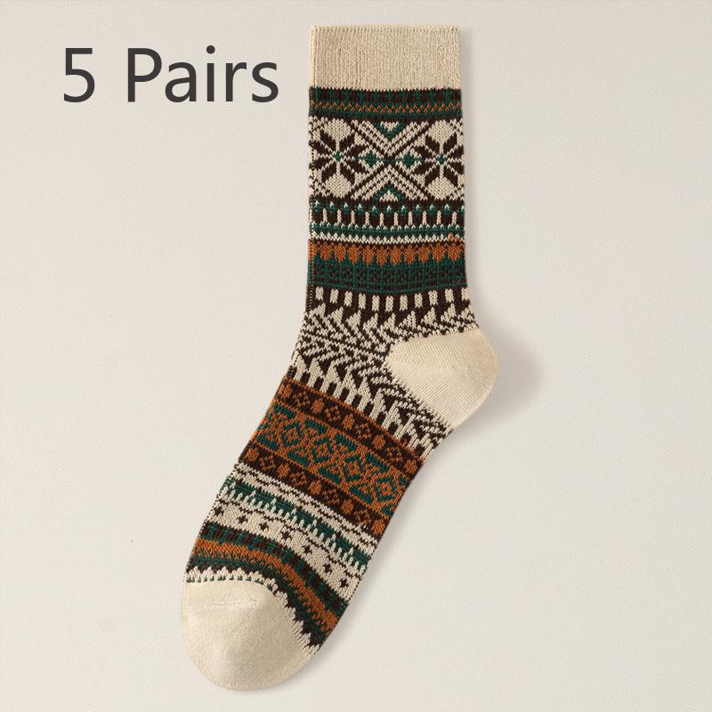 5 Paar Herren Neue Herbst- und Winter Retro Nationalwind Saugfähige Mittelrohrsocken
