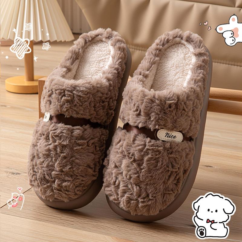 Bow-tie fluffy slippers  new autumn and winter home interior piled thickened warm non-slip cotton drag men