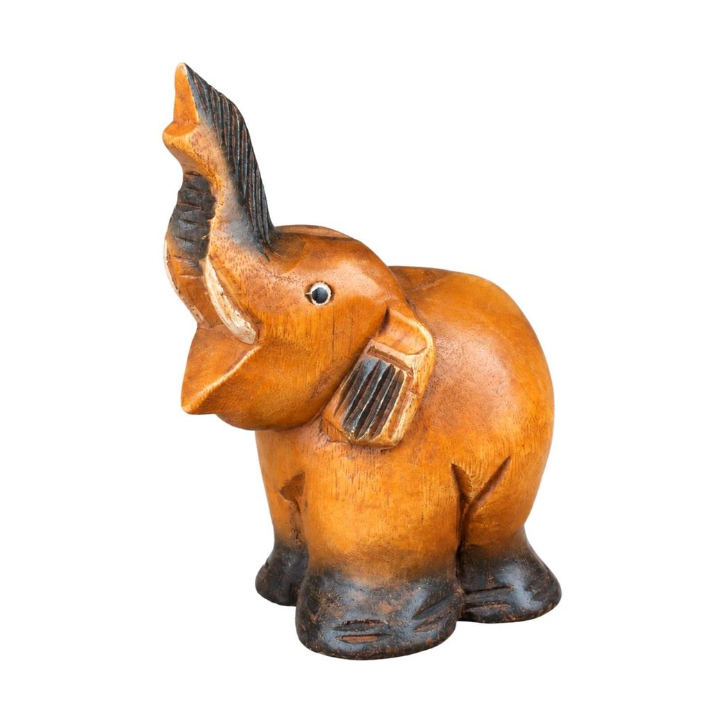 Hand-Carved Teak Wood Elephant Figurine Warm-Toned Wooden