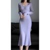 [] Purple v-neck knitted dress autumn and winter waist fishtail long dress slim-fitting hip-wrapped sweater skirt