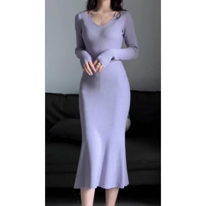 [] Purple v-neck knitted dress autumn and winter waist fishtail long dress slim-fitting hip-wrapped sweater skirt