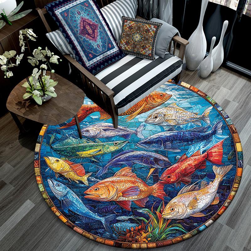 Ocean Fishes Round Area Rug,Carpet Rug for Living Room Bedroom Sofa Playroom Decor,Non-slip Floor Mat