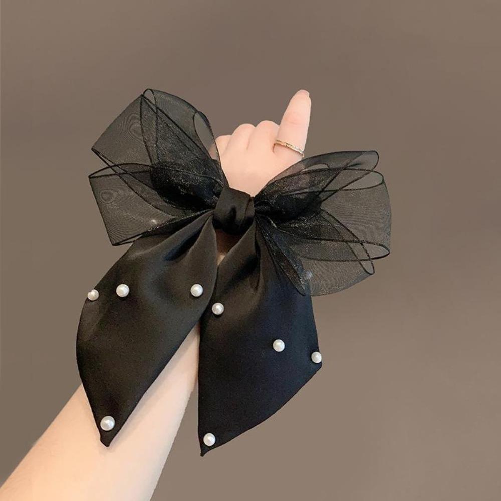 Bow Ponytail Bow Hair Scrunchie Pearls Bowknot Hair Bands Delicate Elastic Hair Band